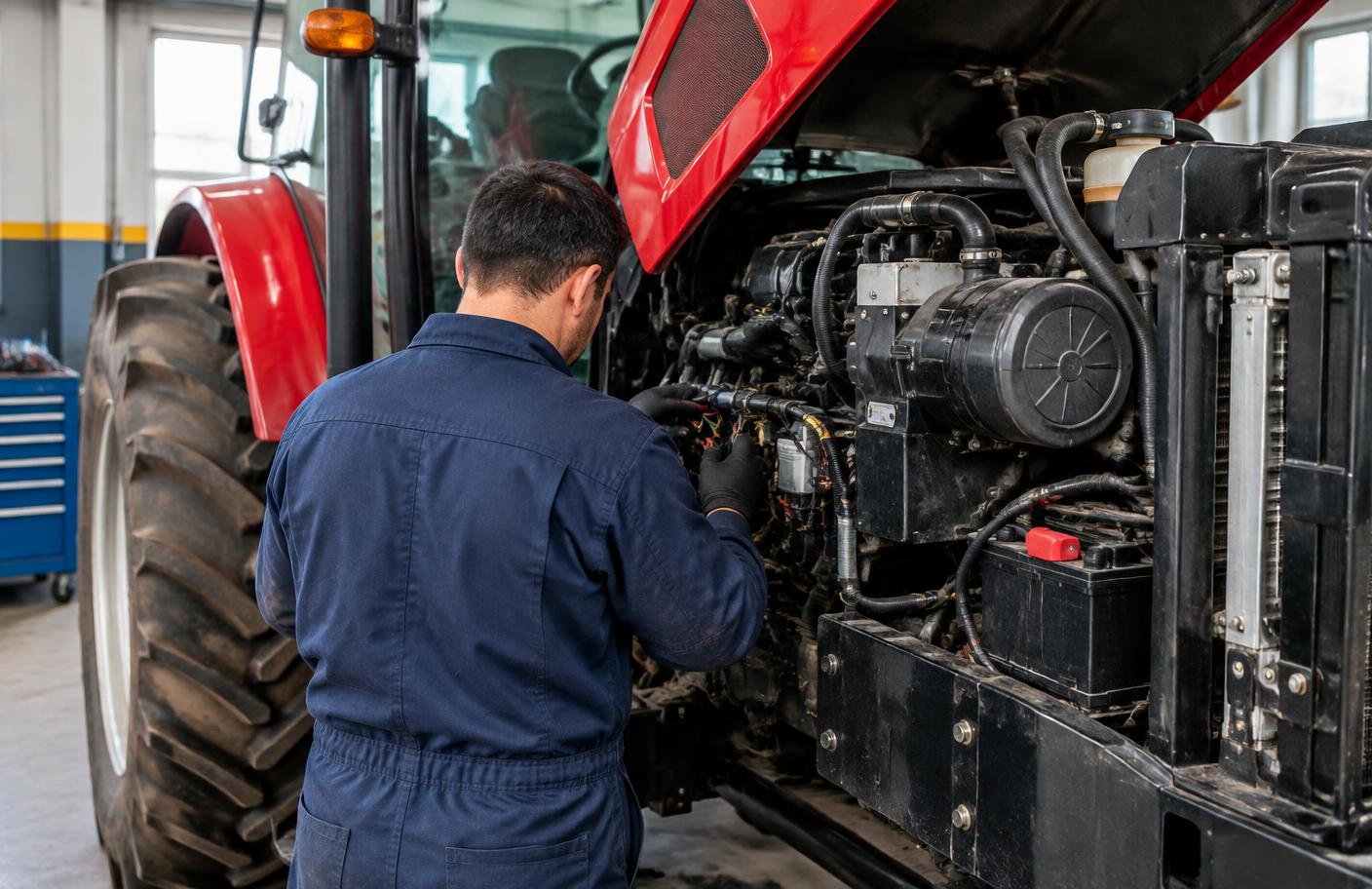 Técnico realizando manutenção elétrica em trator dentro da oficina